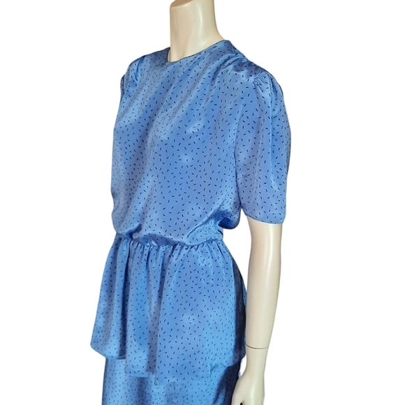 Vintage 80s Day Dress size Large Union Made Peplum Midi Elastic Waist - Picture 4 of 11